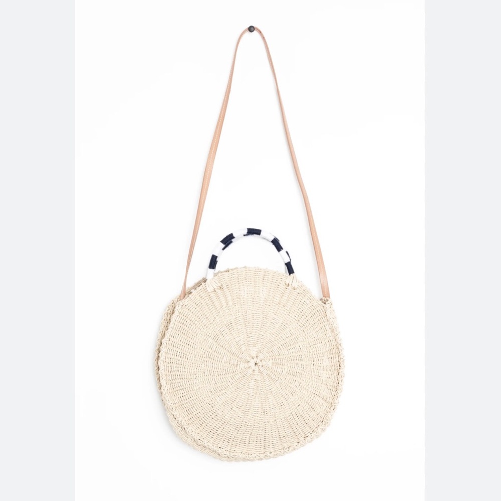 J. Crew Woven Round Bag with Navy and White Wrapped Handle